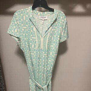 Elizabeth McKay ShiftDress Size L Off-White Blue Green Print Short Sleeve